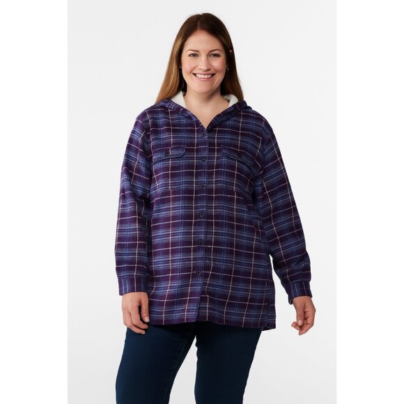 L.L. Bean Women's Fleece Lined Flannel Hoodie Shacket - Picture 1 of 12